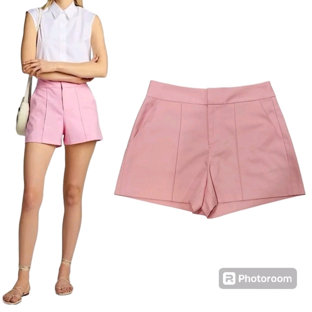 Alice + Olivia Dylan High Waist Tab Pintuck Pockets Solid Pink Short Women Sz 6